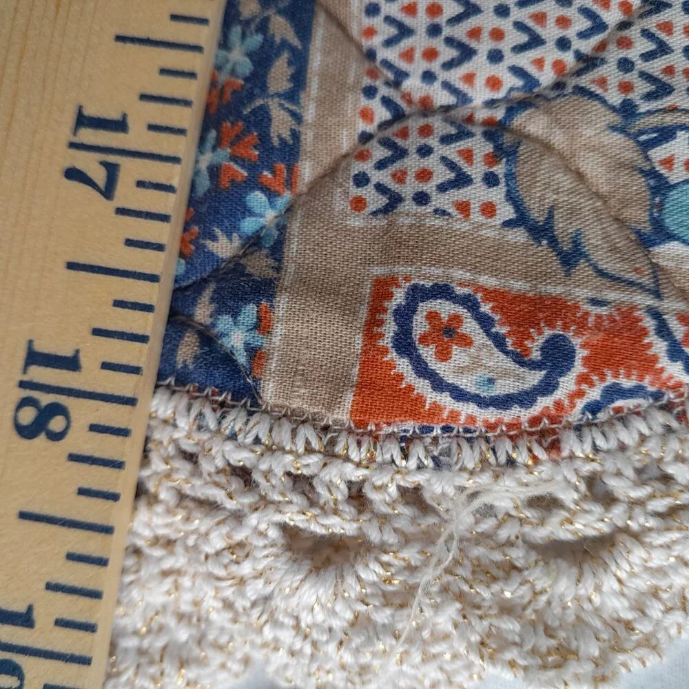 2/$20 Handmade Vintage Patchwork Placemats 19", Blue Orange Floral, Crochet Trim - Picture 3 of 5